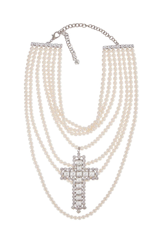 'necklace With Pearls And Crystal Cross  - White