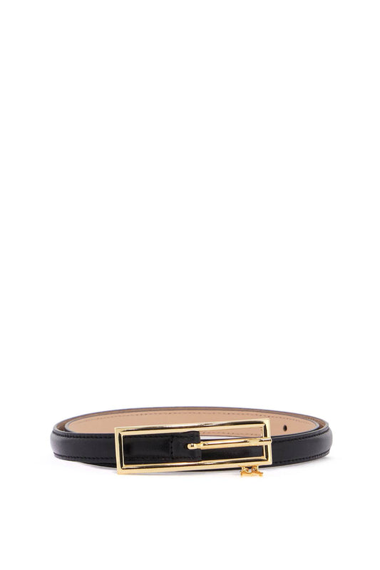 Slim Black Leather Belt With Logo Charm And Brass Buckle 1.5 Cm  - Black