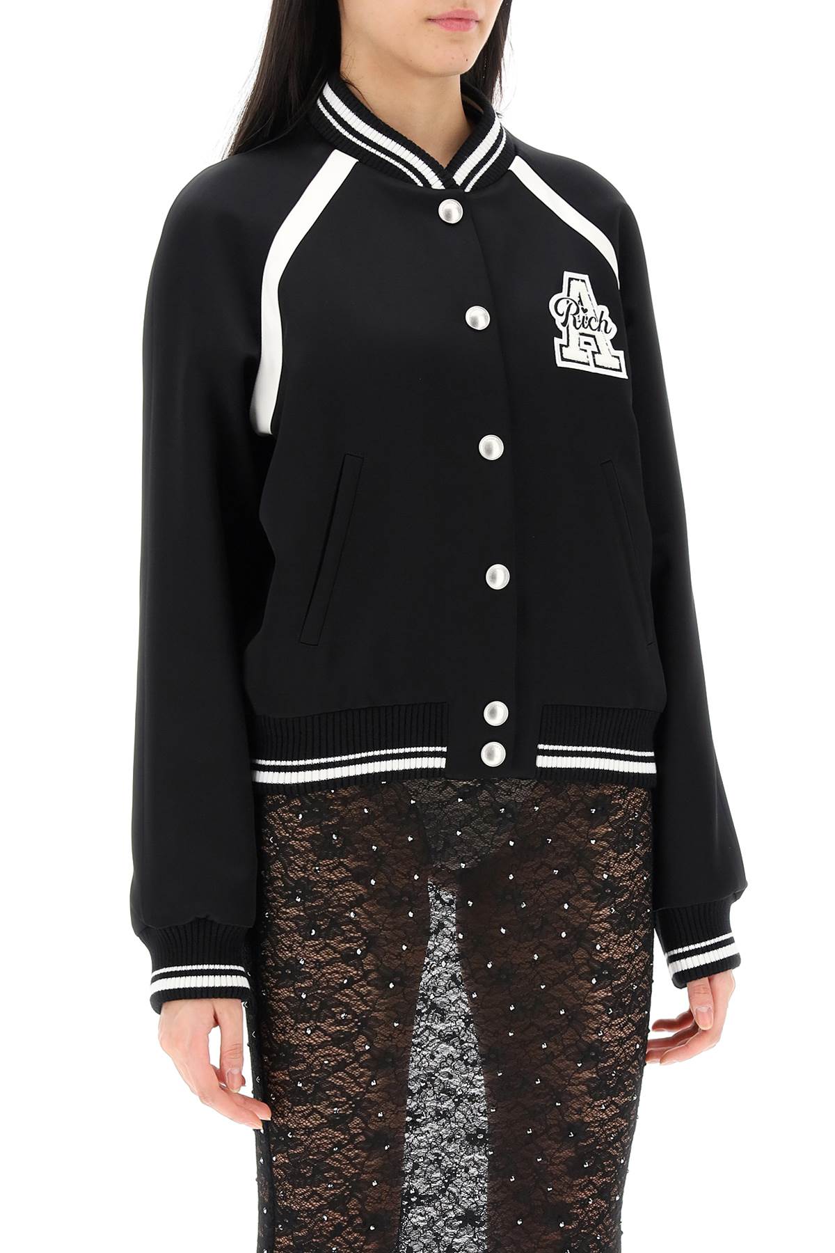 Satin Bomber Jacket With Logo Patch  - Black