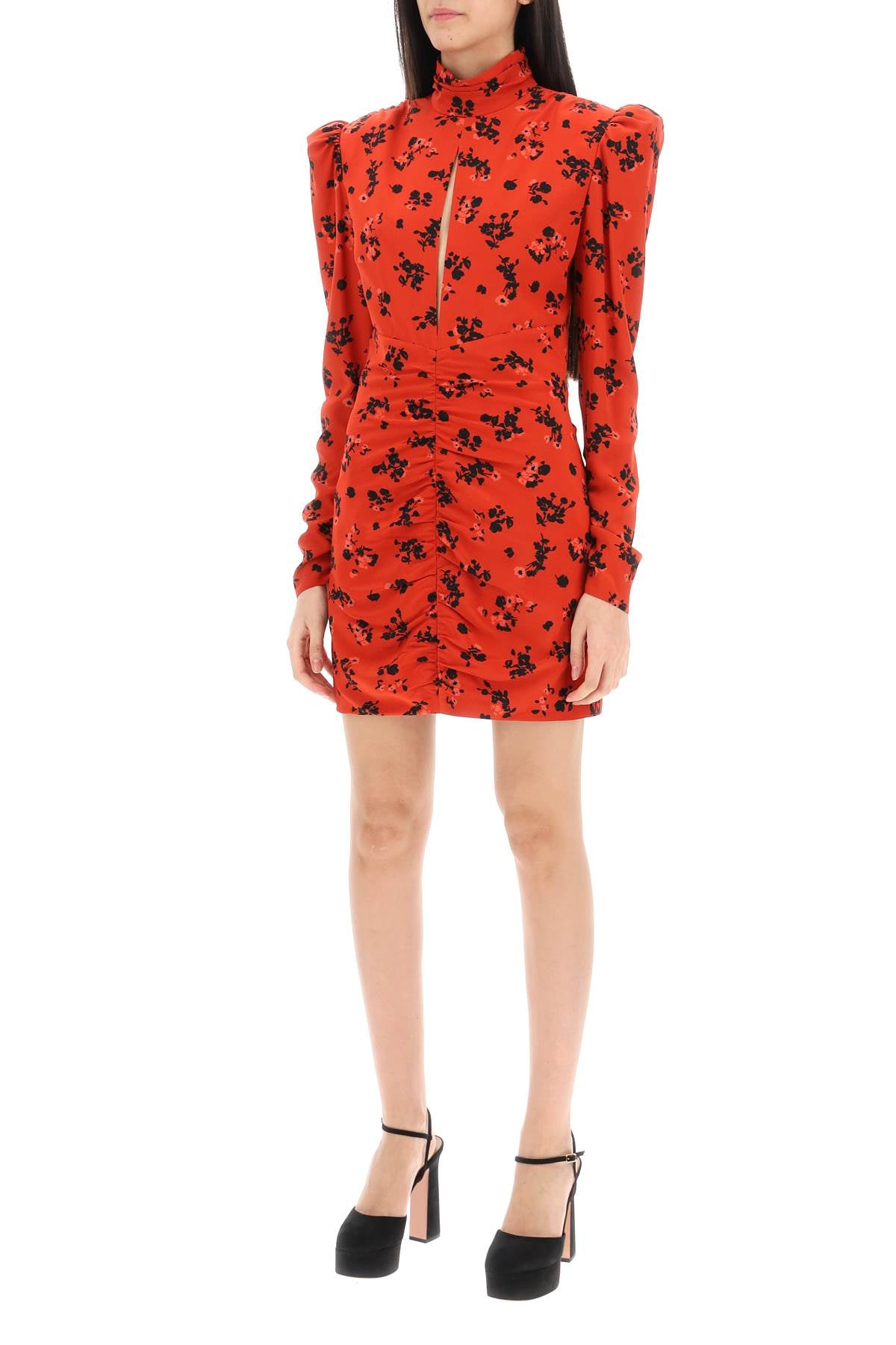 High-neck Floral Mini Dress  - Red