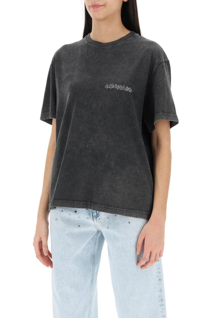 Oversized T-shirt With Print And Rhinestones  - Grey