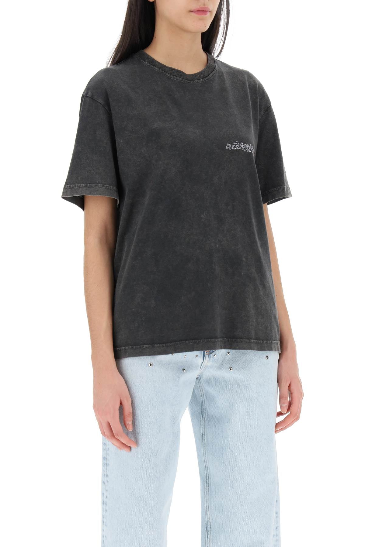 Oversized T-shirt With Print And Rhinestones  - Grey