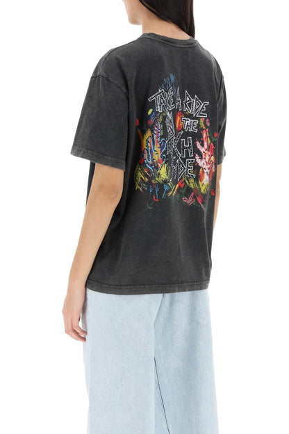 Oversized T-shirt With Print And Rhinestones  - Grey