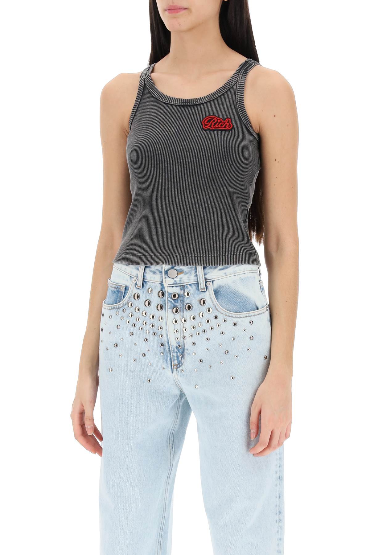 Ribbed Tank Top With Logo Patch  - Grigio