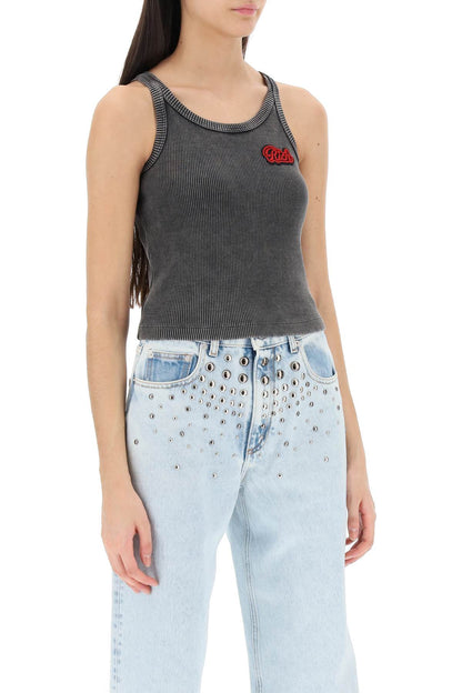 Ribbed Tank Top With Logo Patch  - Grigio