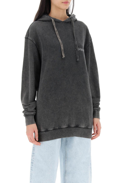 Oversized Hoodie With Print And Rhinestones  - Grey