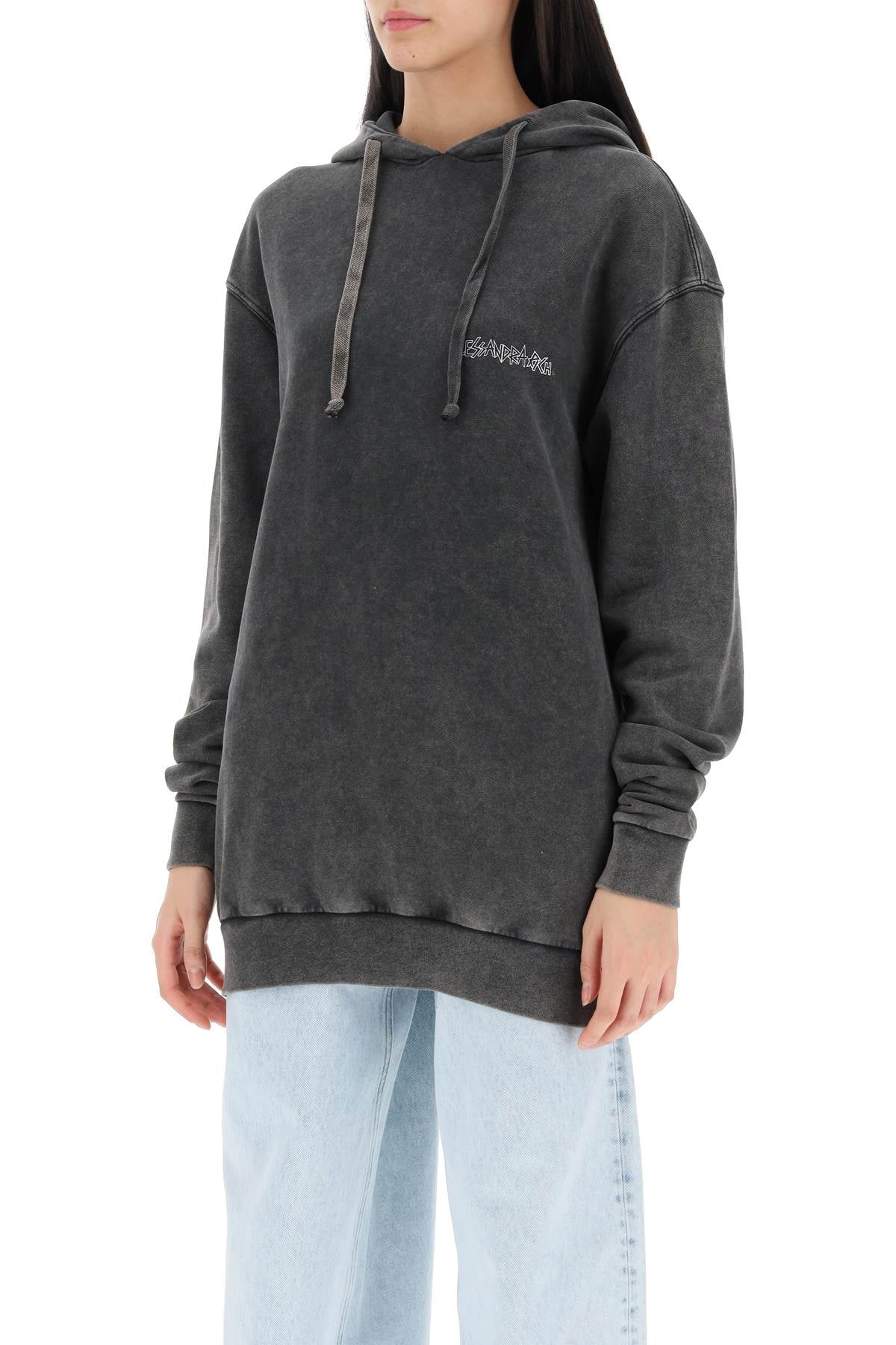 Oversized Hoodie With Print And Rhinestones  - Grey