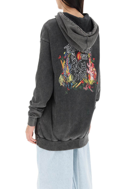 Oversized Hoodie With Print And Rhinestones  - Grey