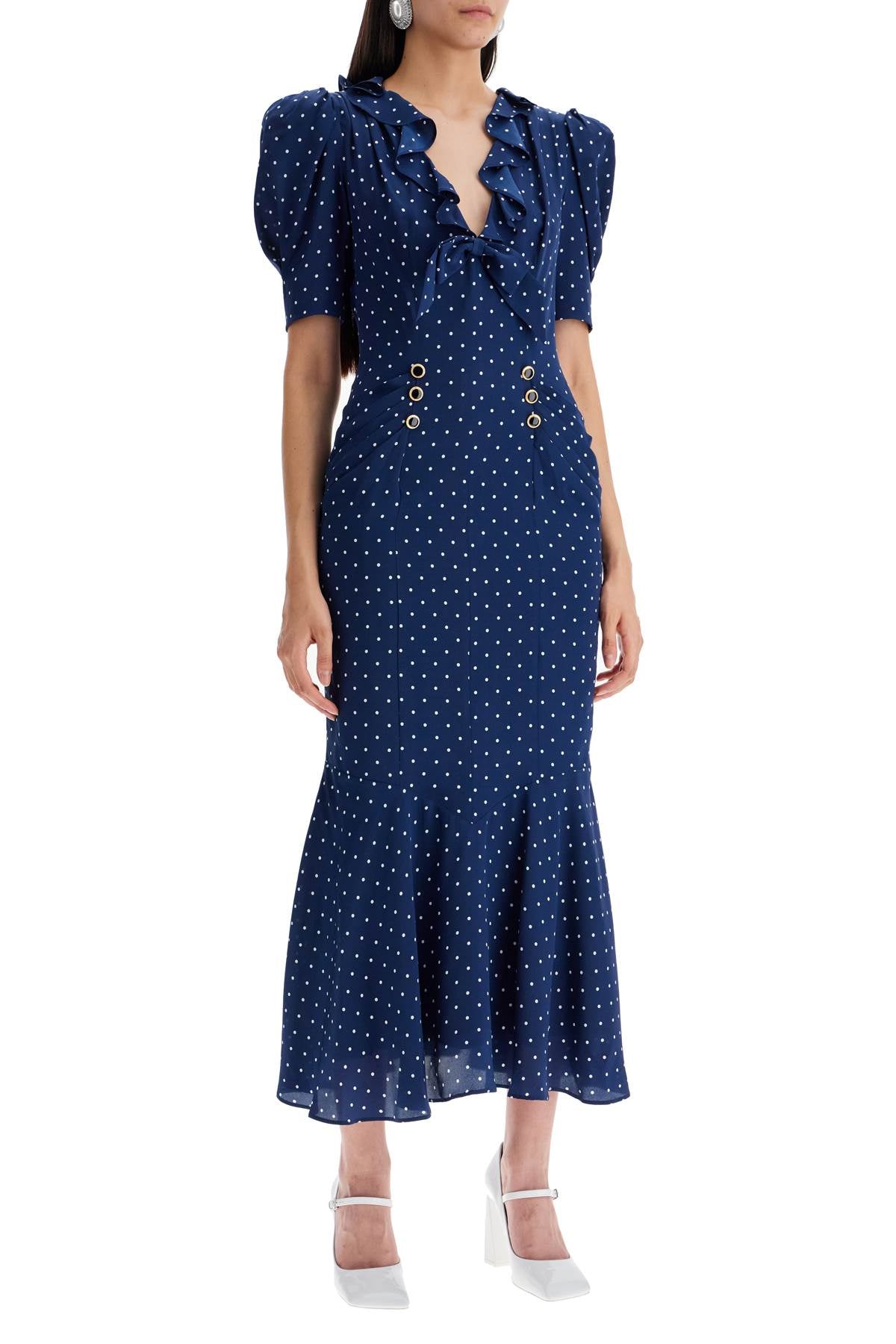 Polka Dot Silk Midi Dress  - Blue