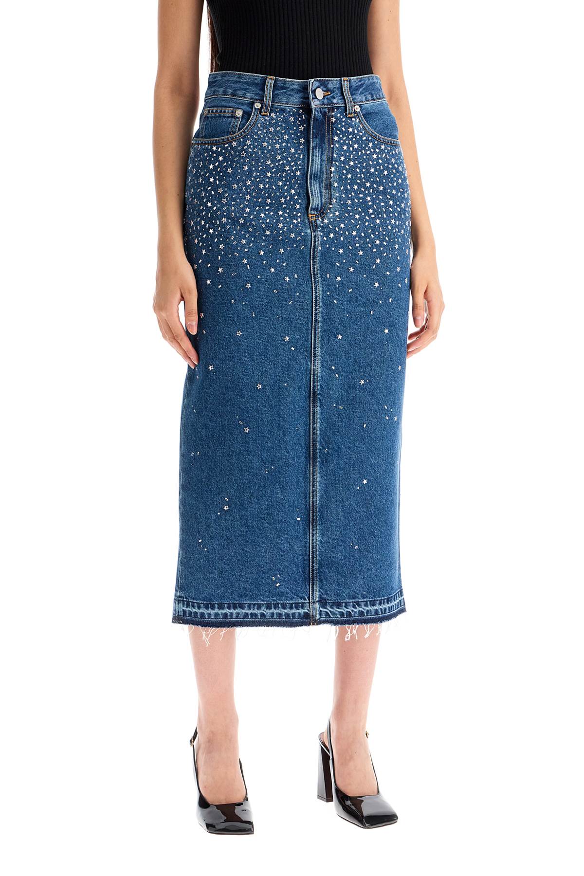 "denim Midi Skirt With Rhin  - Blue