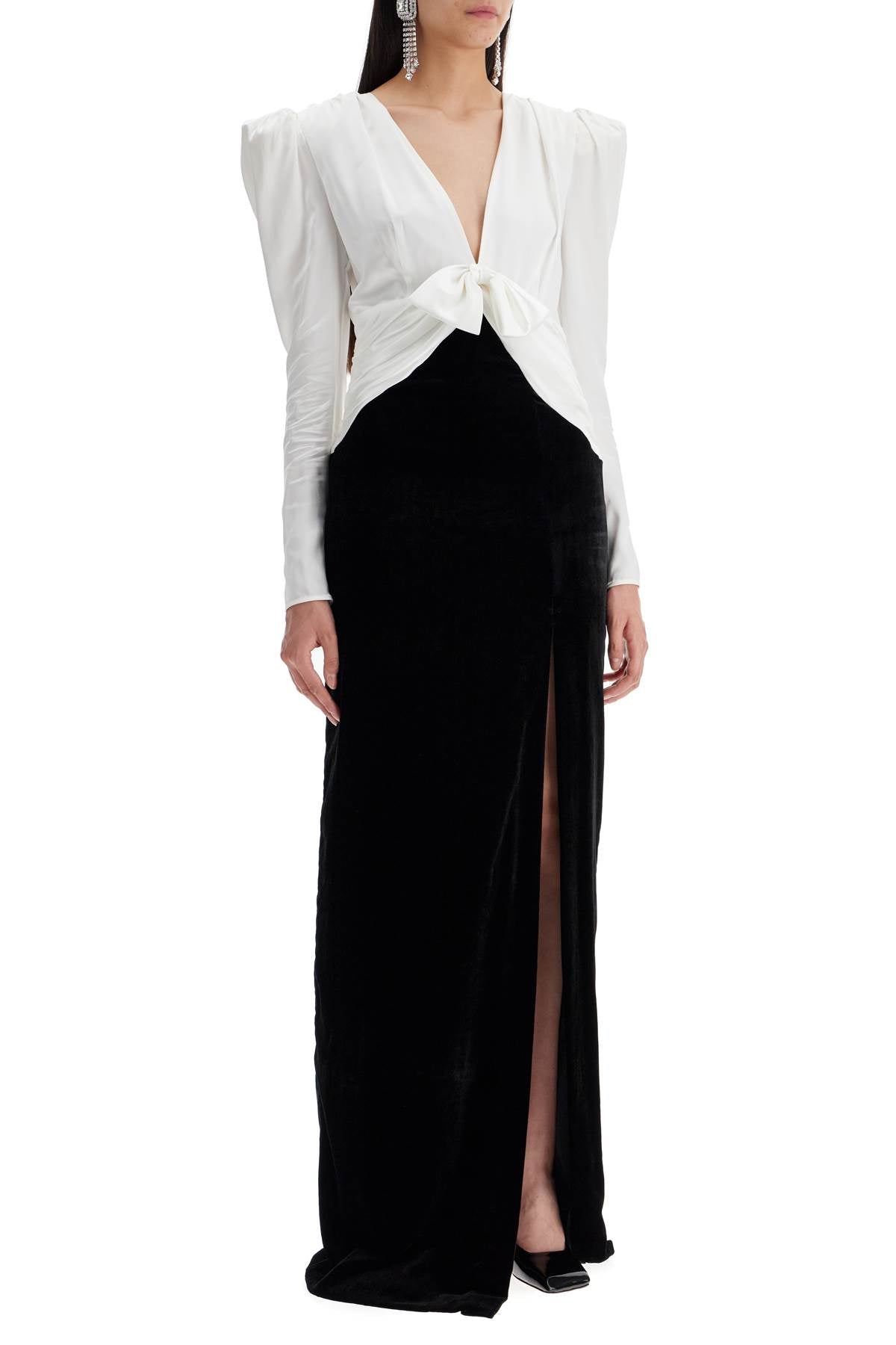 Long Silk And Velvet Dress  - White