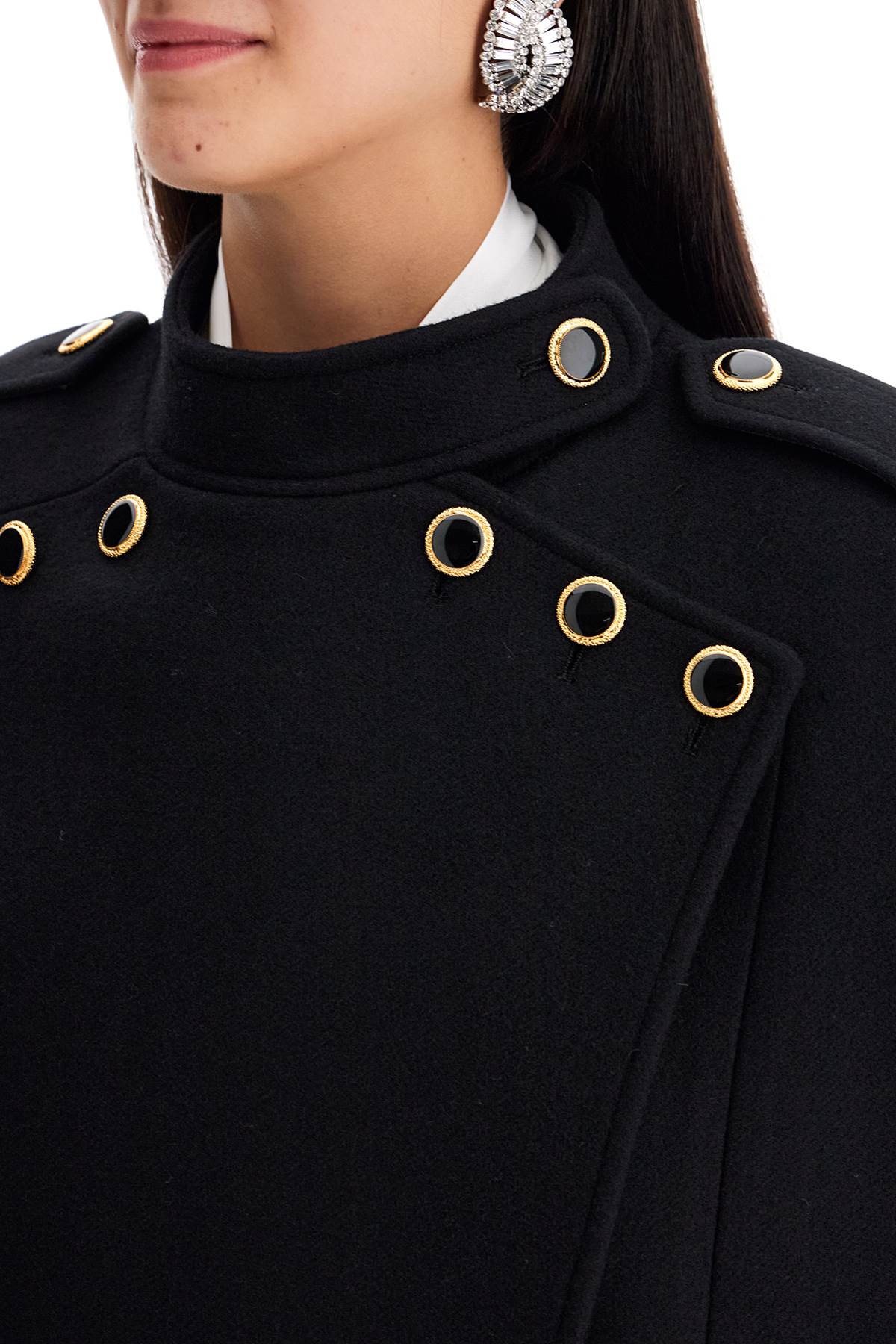 Wool Cape With Jewel Buttons  - Black