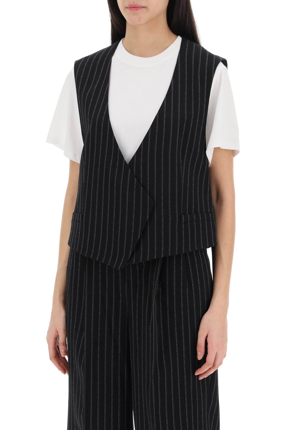 Virgin Wool Pinstripe Waistcoat  - Black