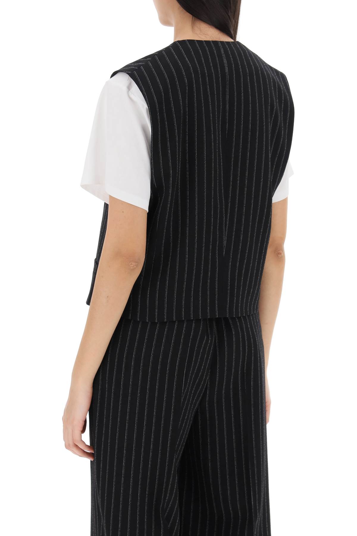 Virgin Wool Pinstripe Waistcoat  - Black