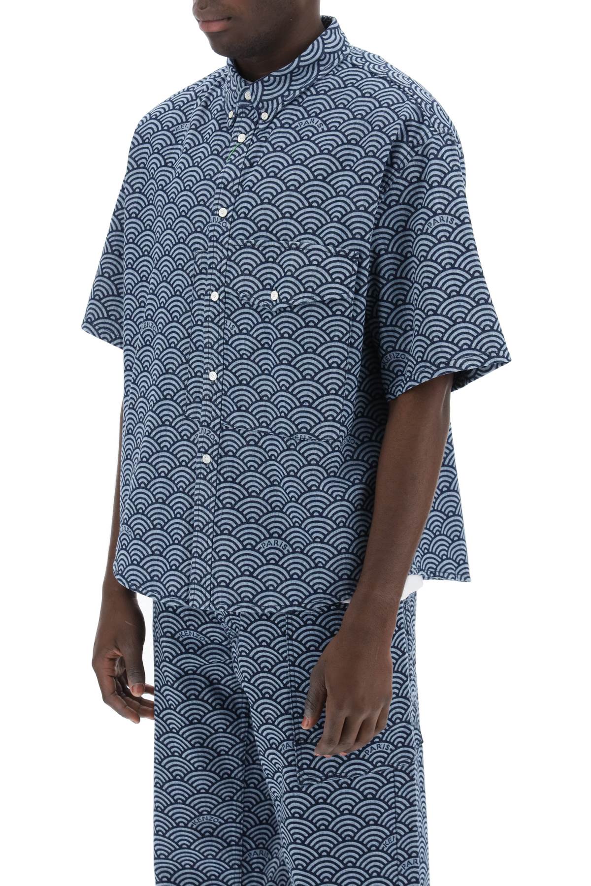 Seigaiha Short-sleeved Denim Shirt  - Blue