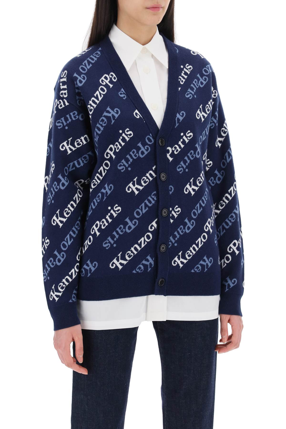 Cardigan With Logo Pattern  - Blue