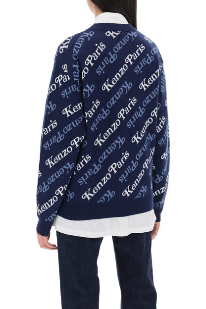 Cardigan With Logo Pattern  - Blue