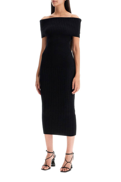 Off-shoulder Midi Knit Dress  - Black