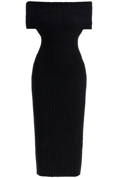 Off-shoulder Midi Knit Dress  - Black