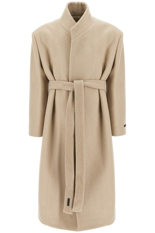 Wool Coat With High Collar And Boiled Wool  - Beige