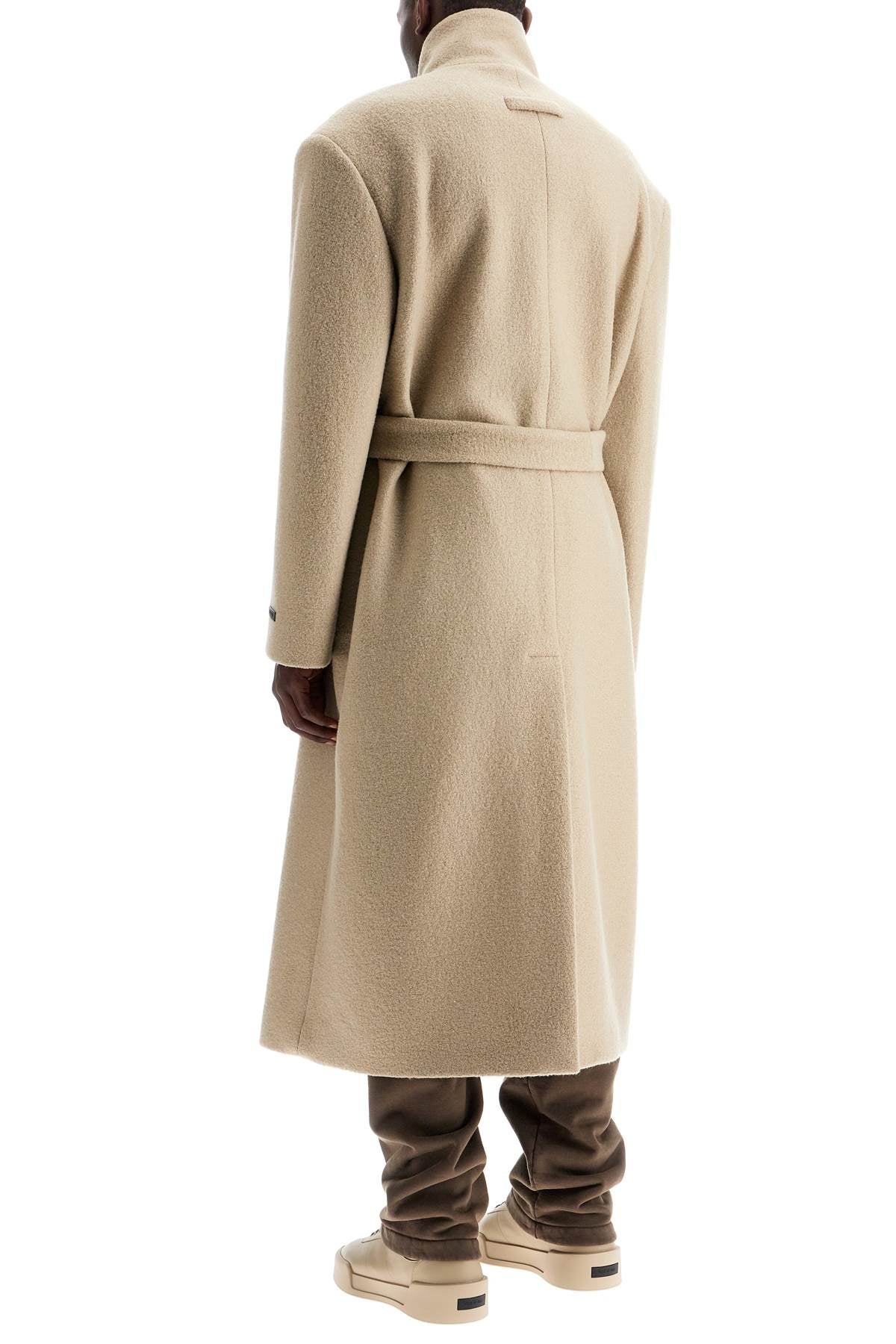 Wool Coat With High Collar And Boiled Wool  - Beige