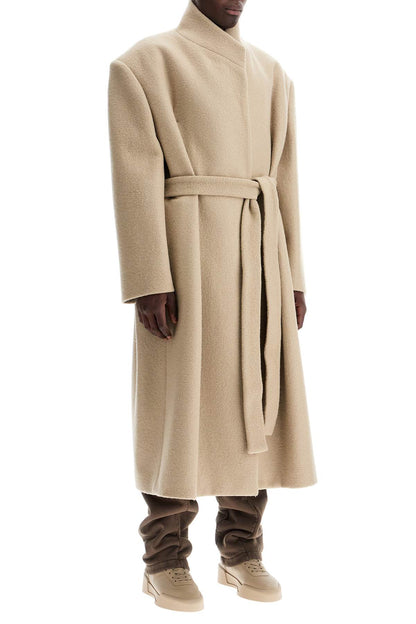 Wool Coat With High Collar And Boiled Wool  - Beige