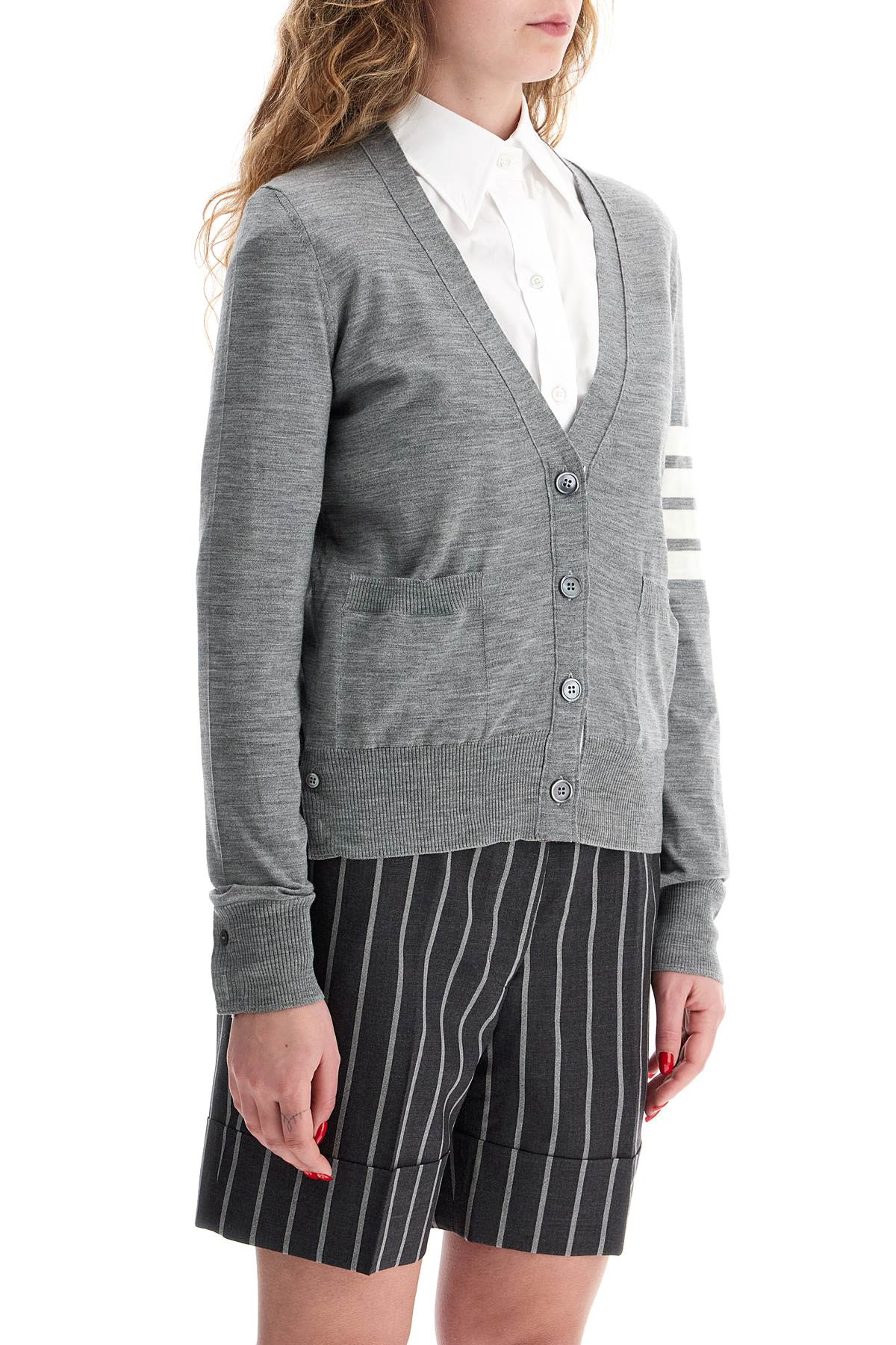 4-bar Wool Melange Cardigan  - Grey