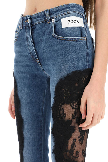 Slim Fit Jeans With Lace Inserts  - Blue