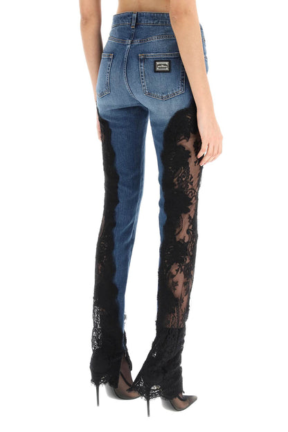 Slim Fit Jeans With Lace Inserts  - Blue