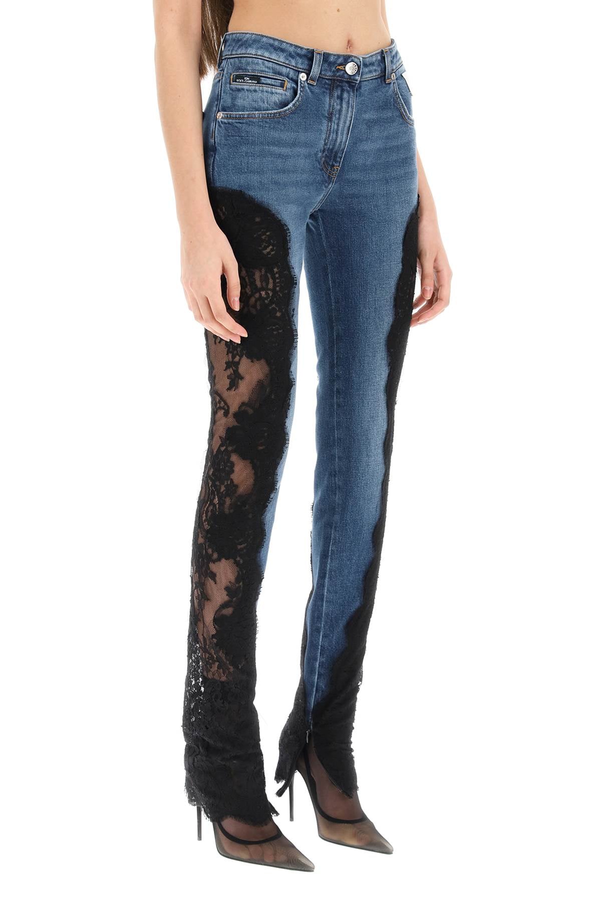 Slim Fit Jeans With Lace Inserts  - Blue