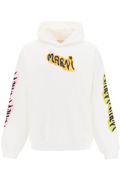 Hoodie With Graffiti Print  - Bianco