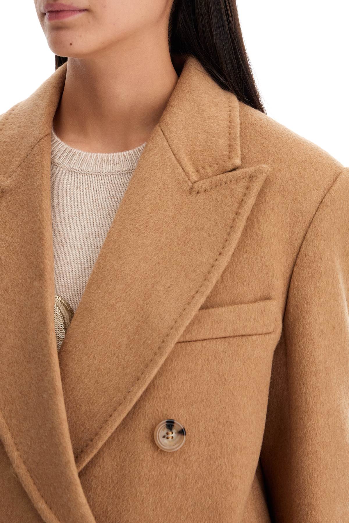 Camel Double-breasted Coat  - Brown