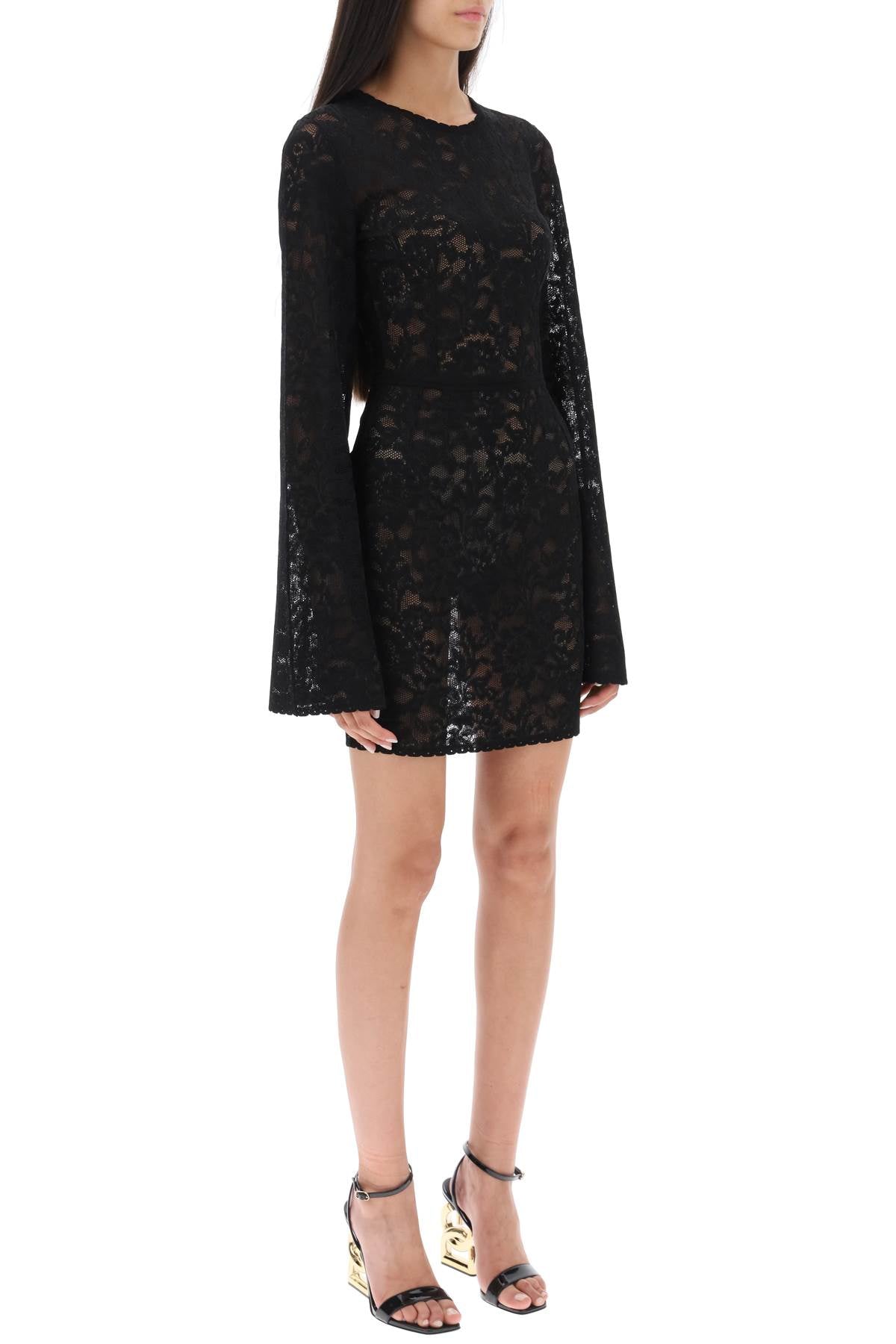 Mini Dress In Floral Openwork Knit  - Nero