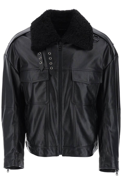 Leather-and-fur Biker Jacket  - Black