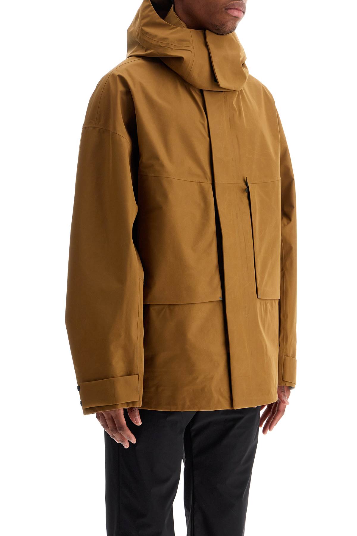 Light Brown Waterproof Short Jacket In Polyester With Hood  - Brown