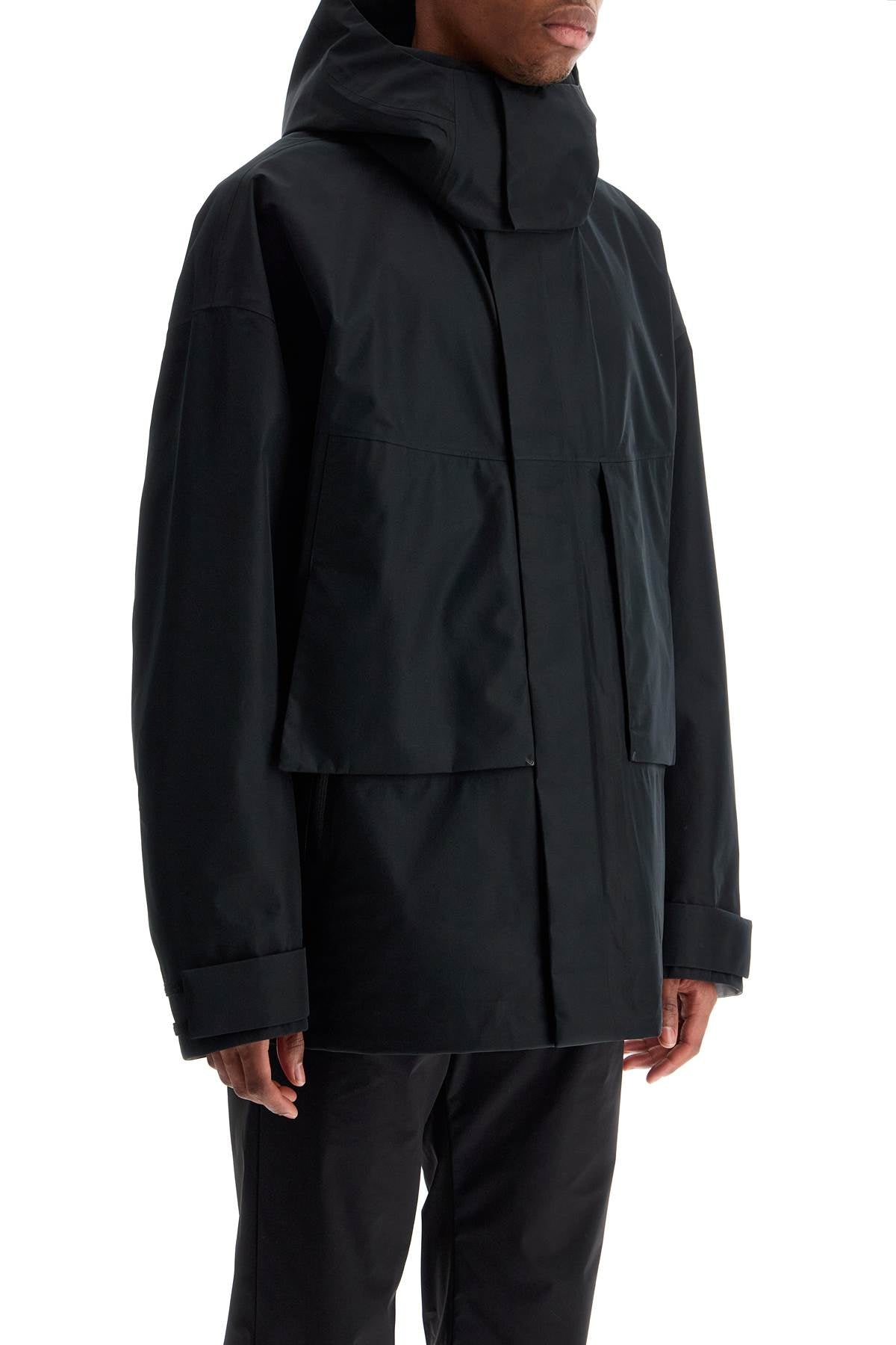 Short Black Waterproof Jacket For Men In Polyester With Hood  - Black