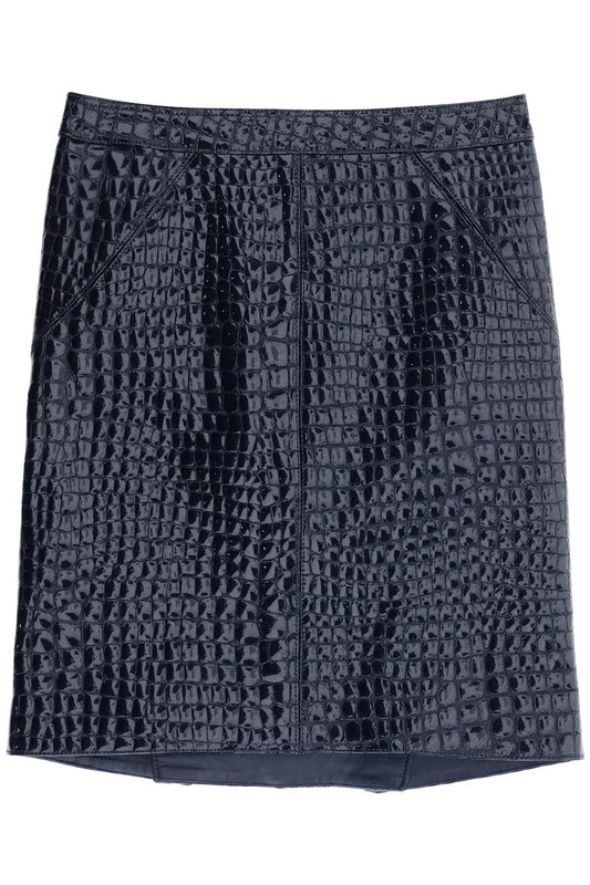 Crocodile Effect Leather Skirt  - Blue