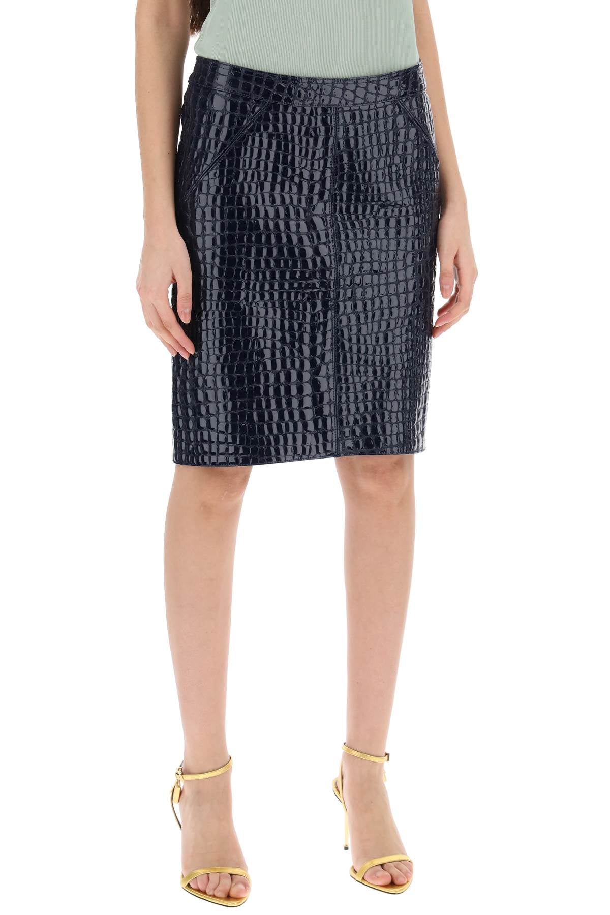 Crocodile Effect Leather Skirt  - Blue