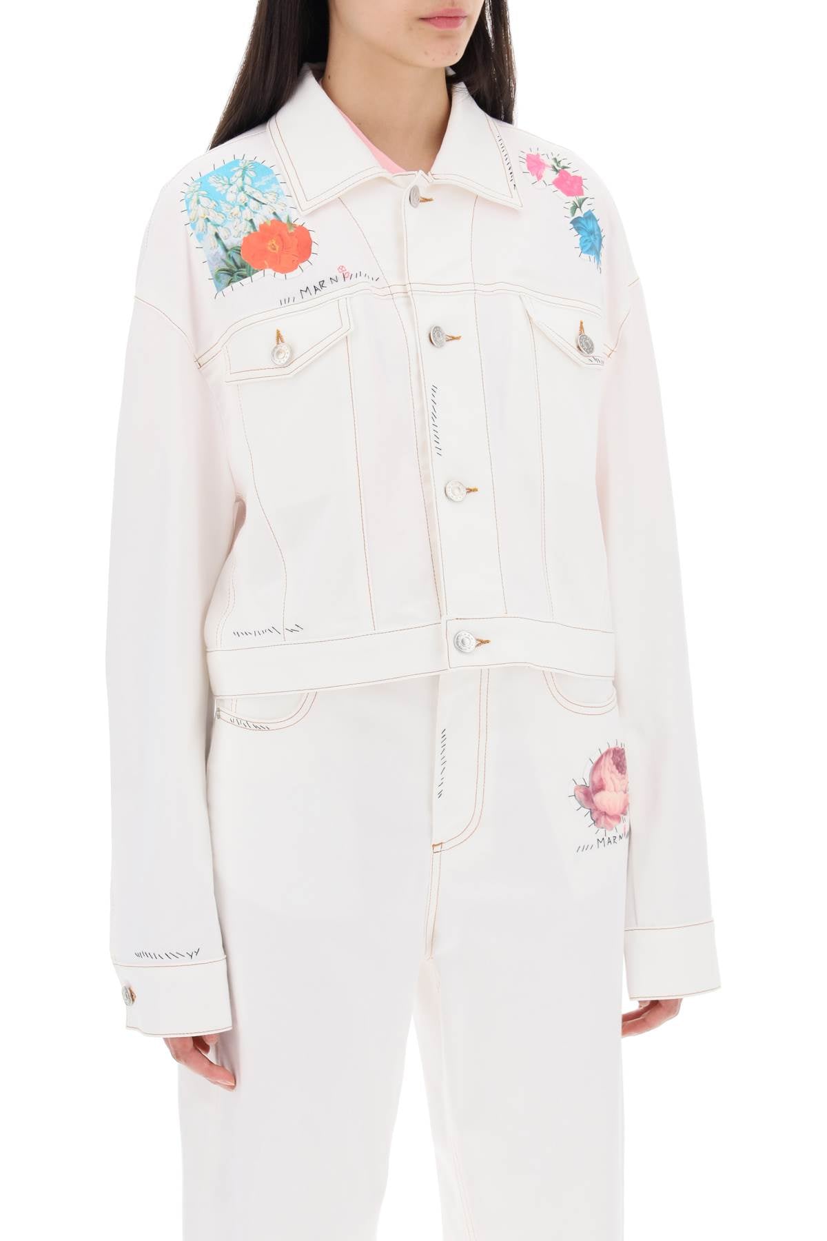 "cropped Denim Jacket With Flower Patches And Embroidery"  - White