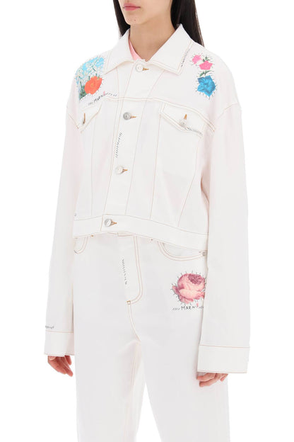 "cropped Denim Jacket With Flower Patches And Embroidery"  - White