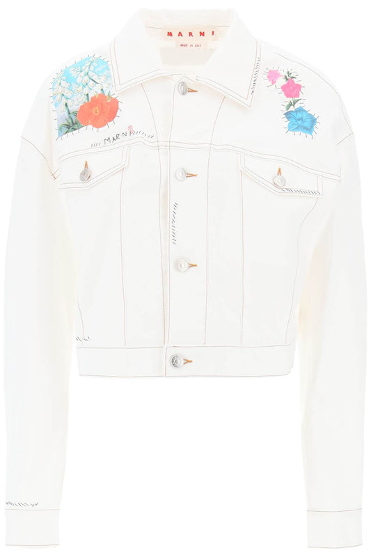 "cropped Denim Jacket With Flower Patches And Embroidery"  - White