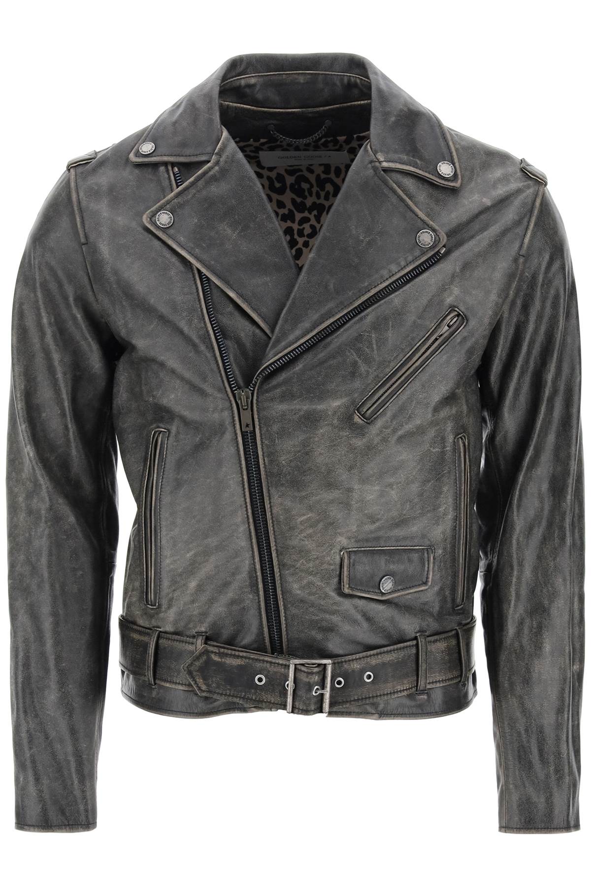 Vintage-effect Leather Biker Jacket  - Black