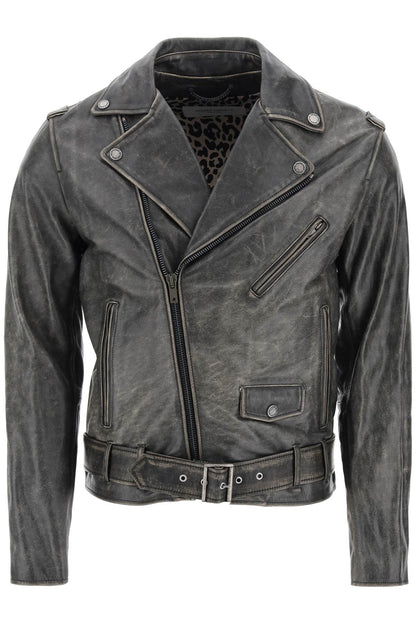 Vintage-effect Leather Biker Jacket  - Black