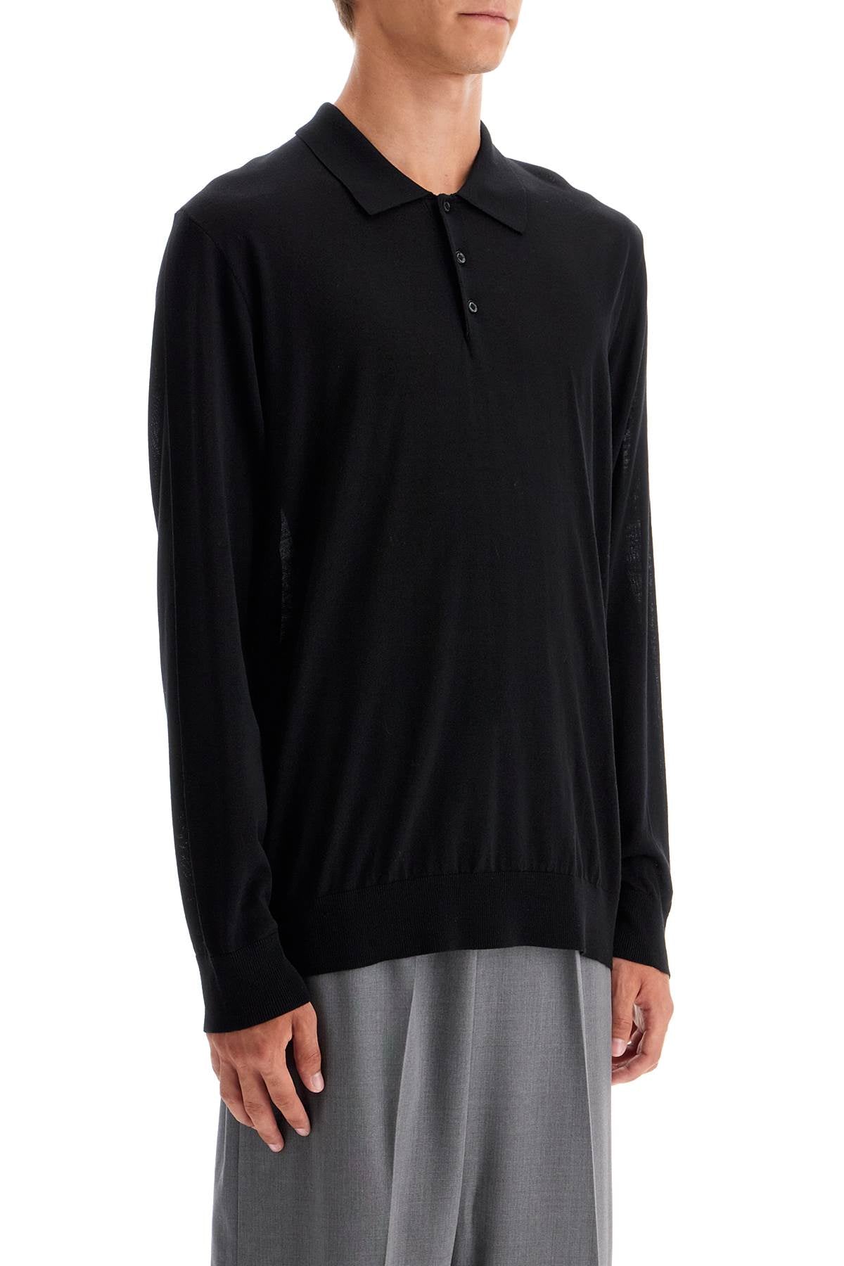 Long-sleeved Wool Polo Shirt  - Black