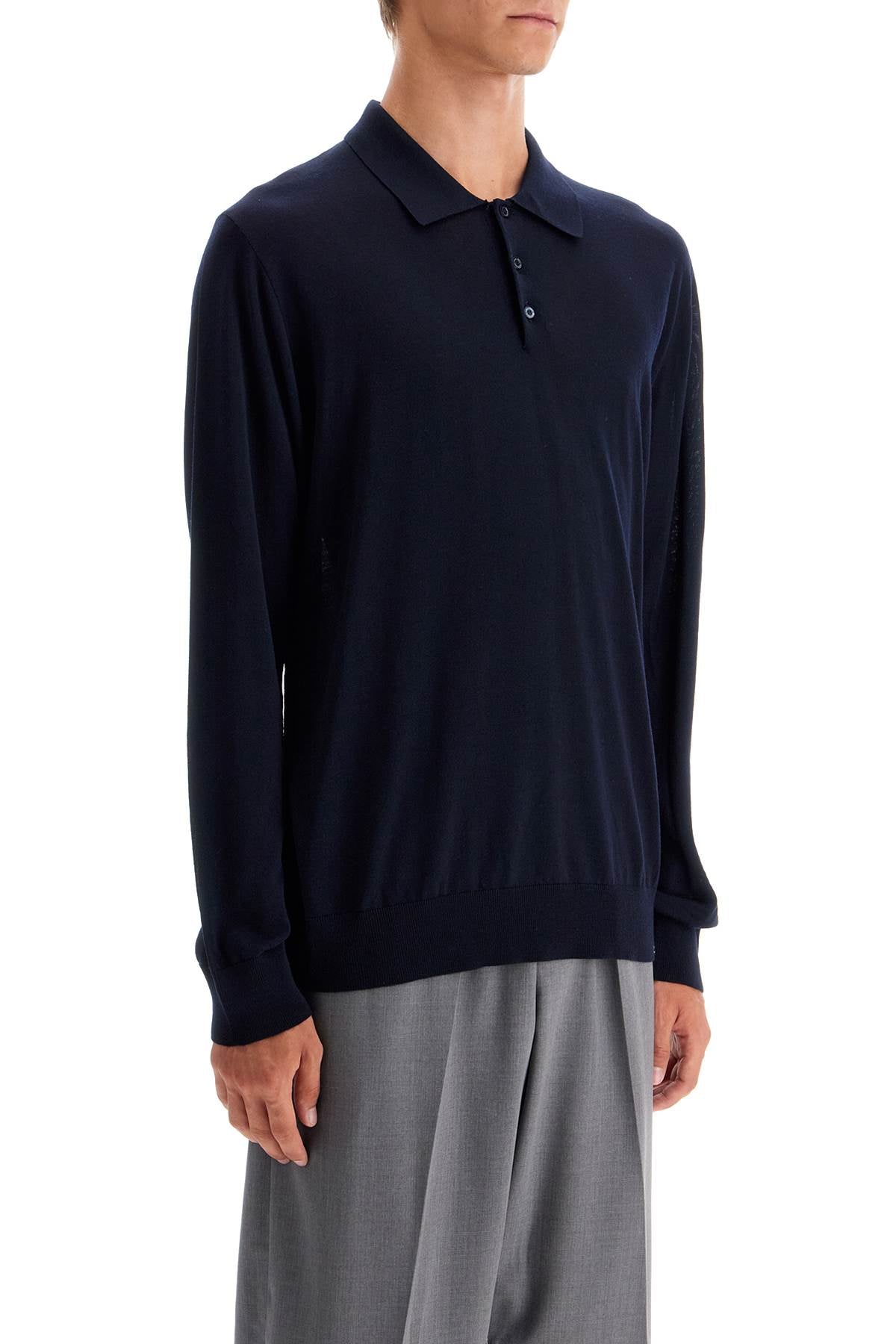 Long-sleeved Wool Polo Shirt  - Blue