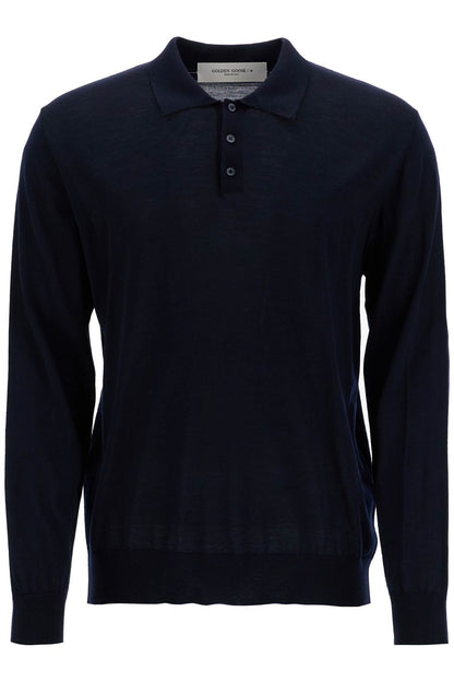 Long-sleeved Wool Polo Shirt  - Blue