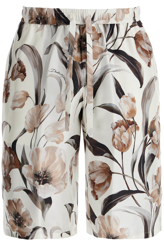 Silk Bermuda Shorts With Floral Print Set  - White