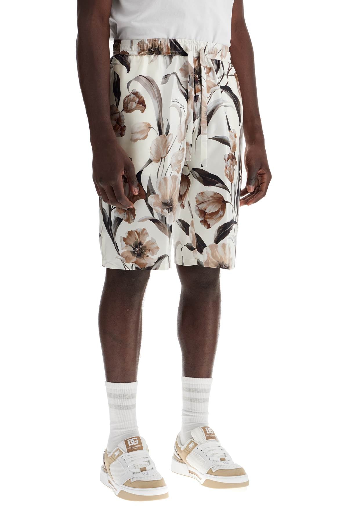 Silk Bermuda Shorts With Floral Print Set  - White