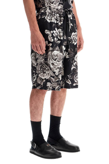 Silk Floral Print Bermuda Shorts Set  - Black