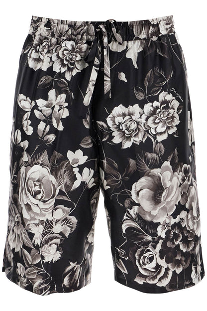 Silk Floral Print Bermuda Shorts Set  - Black